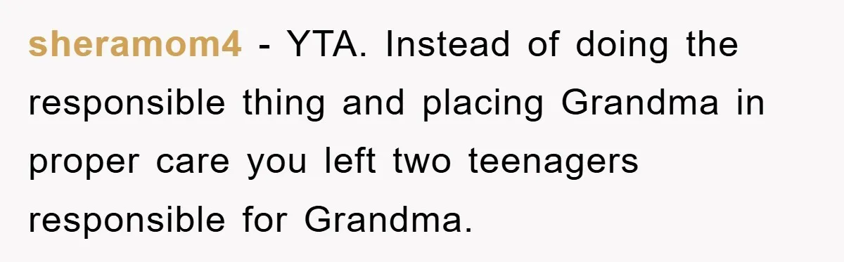 sheramom4 − YTA. Instead of doing the responsible thing and placing Grandma in proper care you left two teenagers responsible for Grandma.