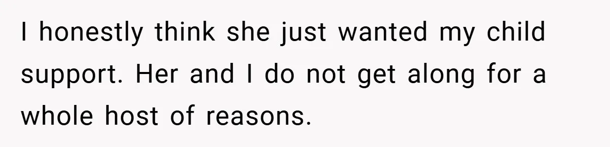 I honestly think she just wanted my child support. Her and I do not get along for a whole host of reasons.