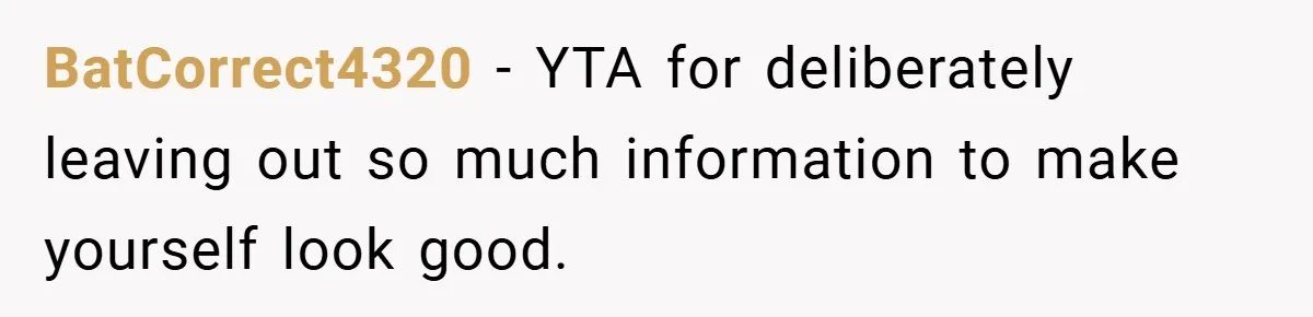 BatCorrect4320 − YTA for deliberately leaving out so much information to make yourself look good.
