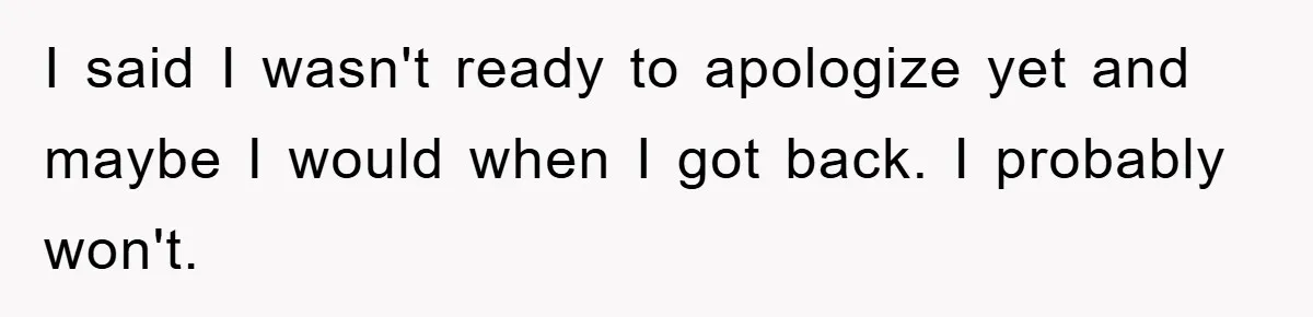 I said I wasn't ready to apologize yet and maybe I would when I got back. I probably won't.