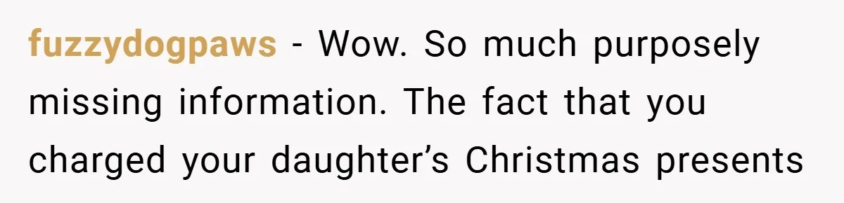 fuzzydogpaws − Wow. So much purposely missing information. The fact that you charged your daughter’s Christmas presents