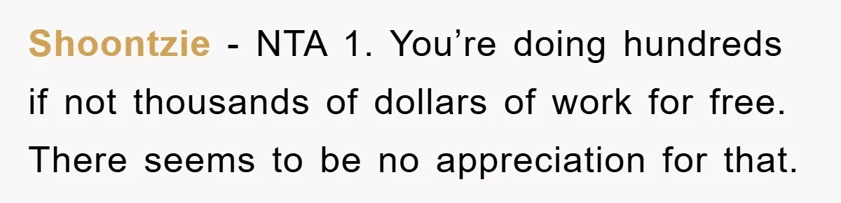 Shoontzie − NTA 1. You’re doing hundreds if not thousands of dollars of work for free. There seems to be no appreciation for that.