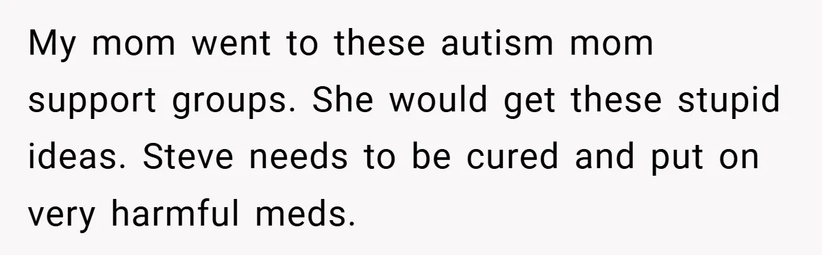 My mom went to these autism mom support groups. She would get these stupid ideas. Steve needs to be cured and put on very harmful meds.