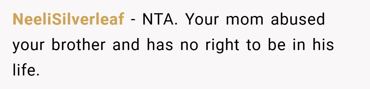 NeeliSilverleaf − NTA. Your mom abused your brother and has no right to be in his life.