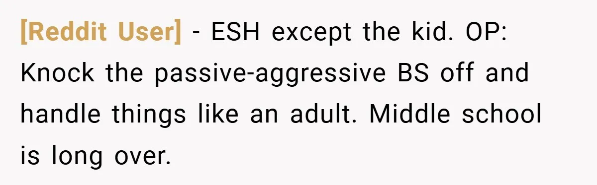 [Reddit User] − ESH except the kid. OP: Knock the passive-aggressive BS off and handle things like an adult. Middle school is long over.