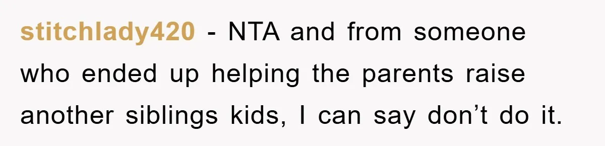 stitchlady420 − NTA and from someone who ended up helping the parents raise another siblings kids, I can say don’t do it.