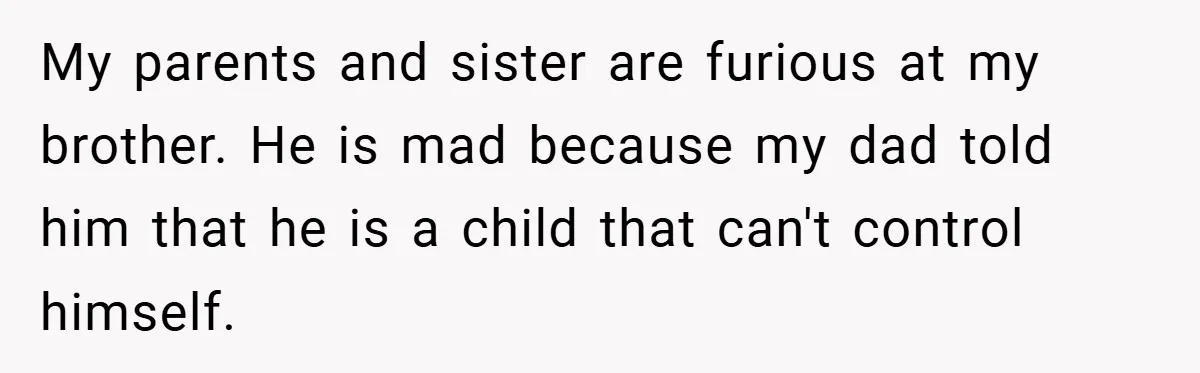 My parents and sister are furious at my brother. He is mad because my dad told him that he is a child that can't control himself.