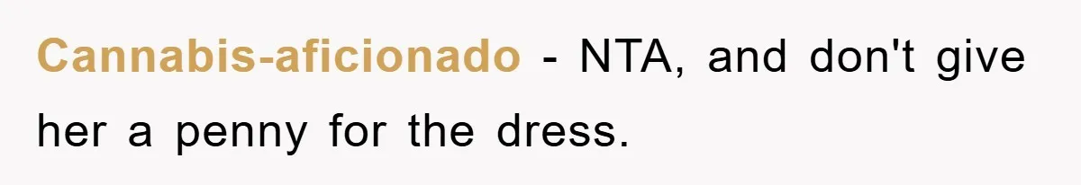 Cannabis-aficionado − NTA, and don't give her a penny for the dress.