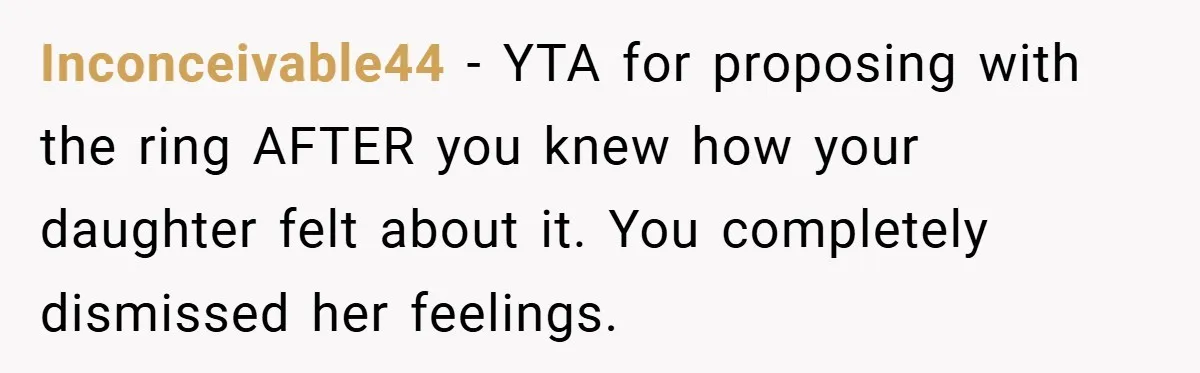 Inconceivable44 − YTA for proposing with the ring AFTER you knew how your daughter felt about it. You completely dismissed her feelings.