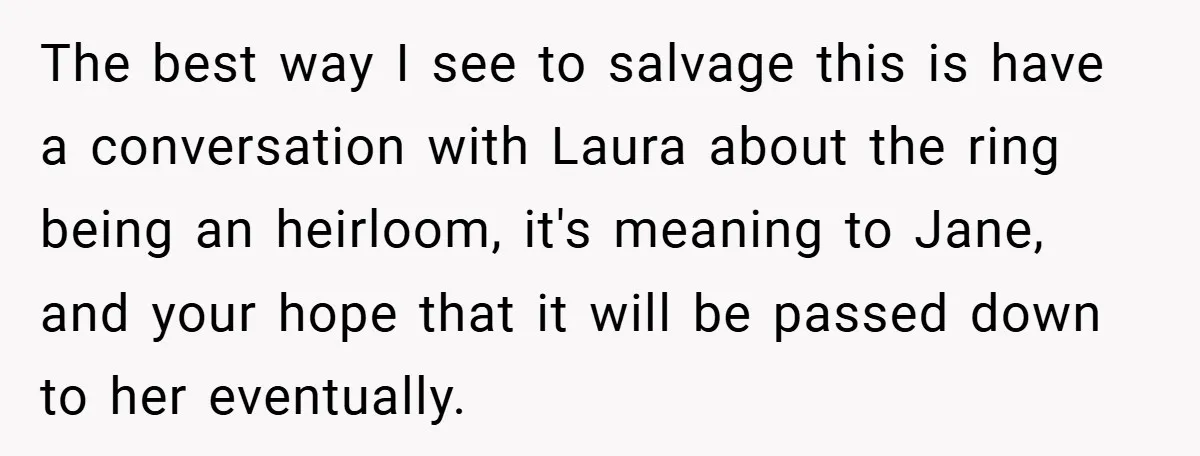 The best way I see to salvage this is have a conversation with Laura about the ring being an heirloom, it's meaning to Jane, and your hope that it will...
