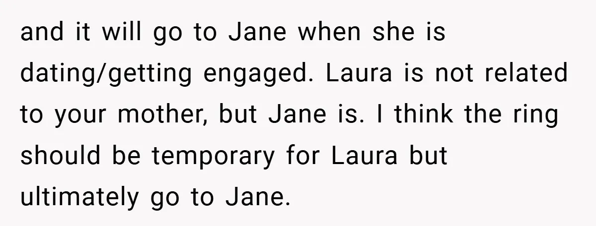 and it will go to Jane when she is dating/getting engaged. Laura is not related to your mother, but Jane is. I think the ring should be temporary for Laura...