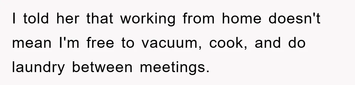 I told her that working from home doesn't mean I'm free to vacuum, cook, and do laundry between meetings.