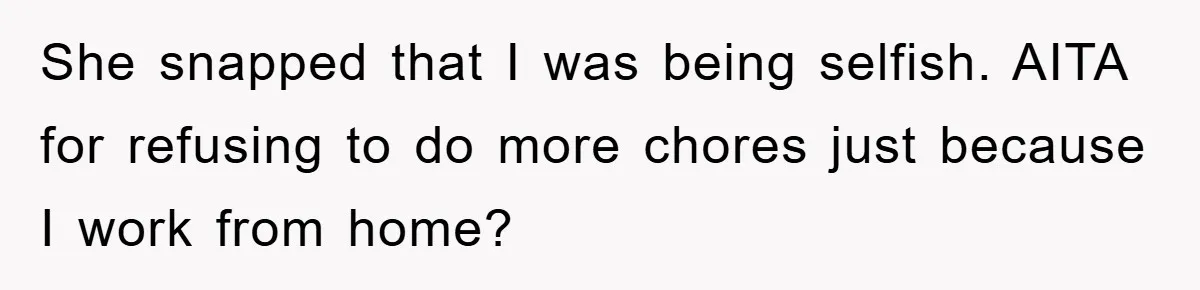 She snapped that I was being selfish. AITA for refusing to do more chores just because I work from home?