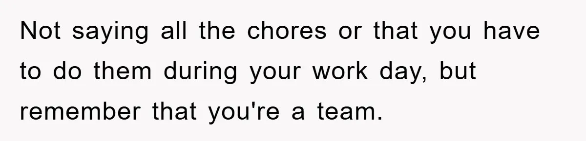 Not saying all the chores or that you have to do them during your work day, but remember that you're a team.