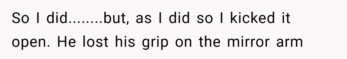 So I did........but, as I did so I kicked it open. He lost his grip on the mirror arm