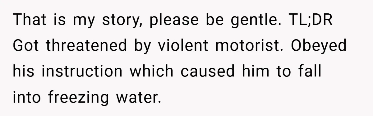 That is my story, please be gentle. TL;DR Got threatened by violent motorist. Obeyed his instruction which caused him to fall into freezing water.