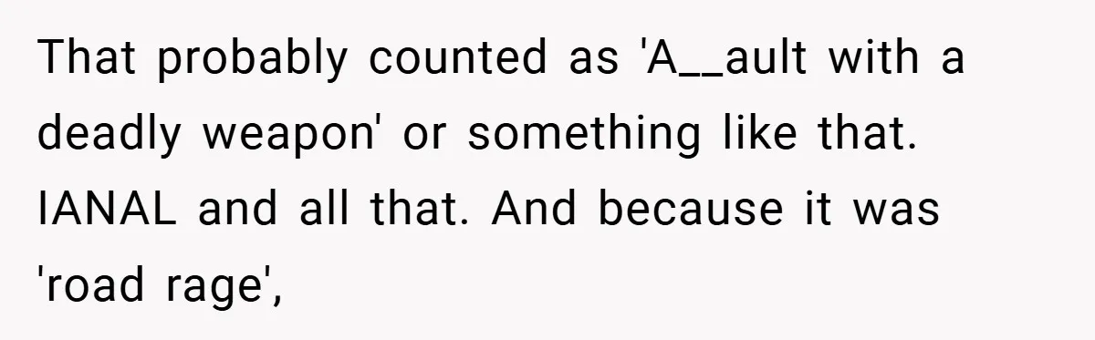 That probably counted as 'A__ault with a deadly weapon' or something like that. IANAL and all that. And because it was 'road rage',