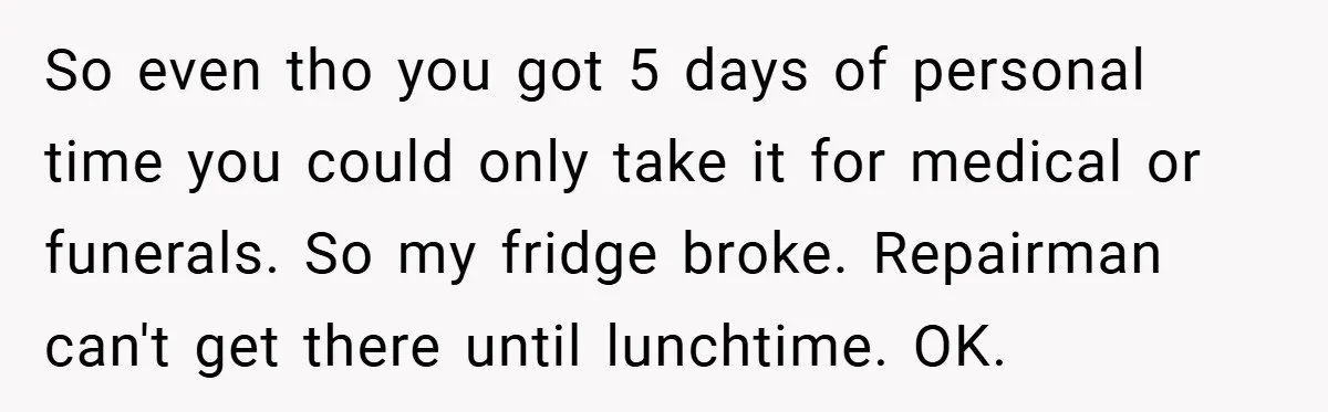 So even tho you got 5 days of personal time you could only take it for medical or funerals. So my fridge broke. Repairman can't get there until lunchtime. OK.