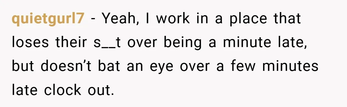 quietgurl7 − Yeah, I work in a place that loses their s__t over being a minute late, but doesn’t bat an eye over a few minutes late clock out.