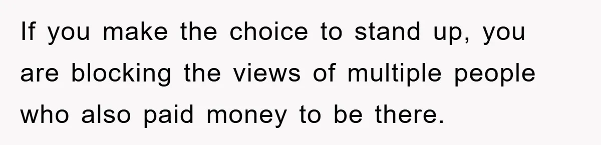 If you make the choice to stand up, you are blocking the views of multiple people who also paid money to be there.