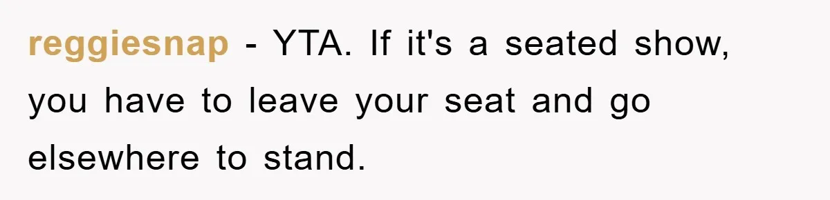 reggiesnap − YTA. If it's a seated show, you have to leave your seat and go elsewhere to stand.