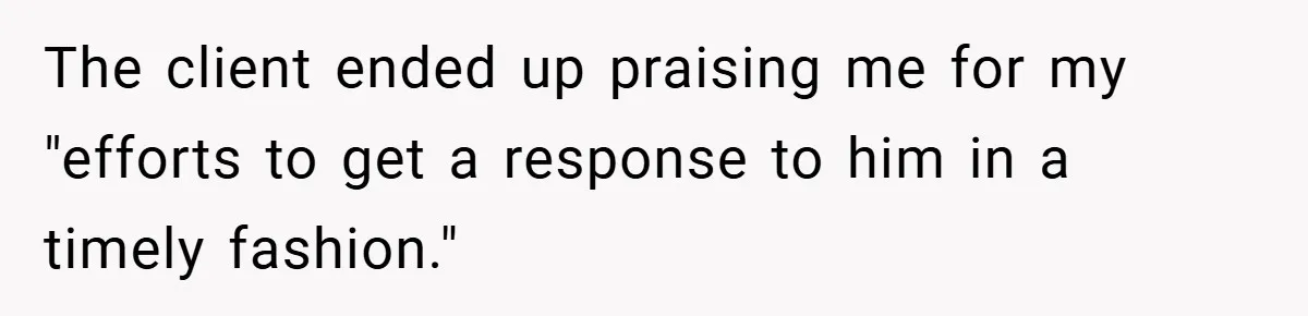 The client ended up praising me for my "efforts to get a response to him in a timely fashion."