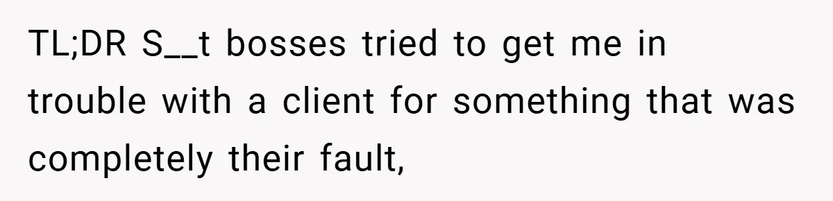 TL;DR S__t bosses tried to get me in trouble with a client for something that was completely their fault,