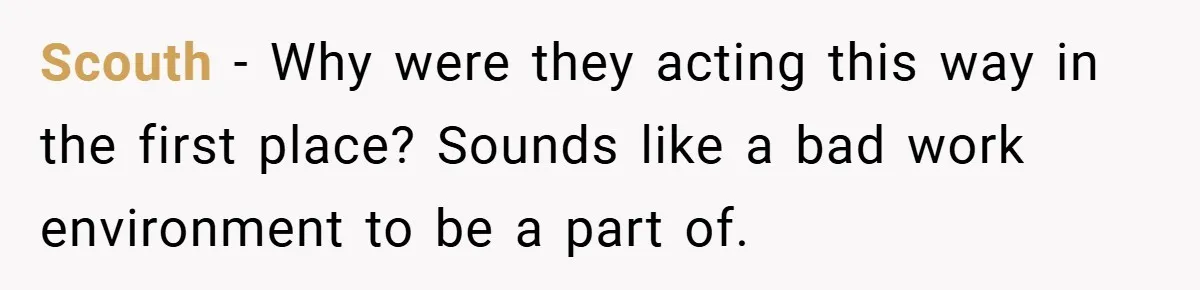 Scouth − Why were they acting this way in the first place? Sounds like a bad work environment to be a part of.