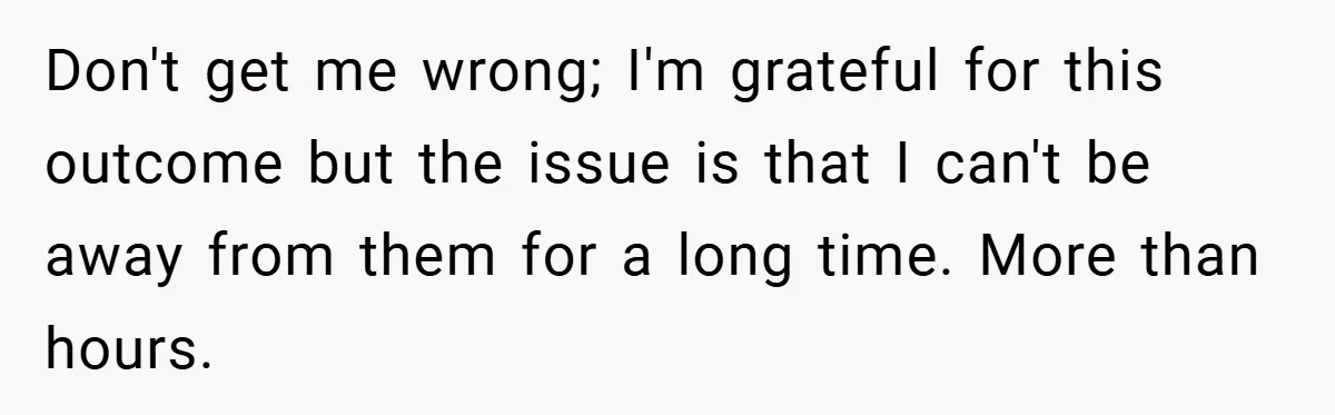 Don't get me wrong; I'm grateful for this outcome but the issue is that I can't be away from them for a long time. More than hours.