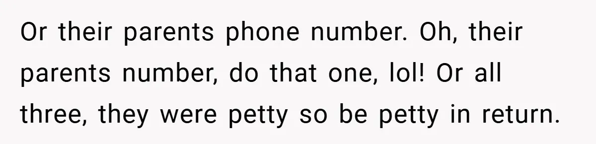 Or their parents phone number. Oh, their parents number, do that one, lol! Or all three, they were petty so be petty in return.