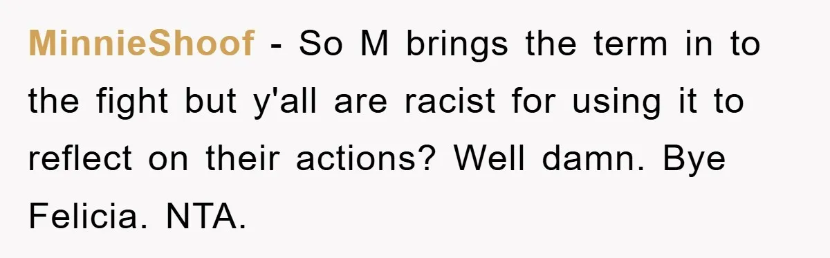 MinnieShoof − So M brings the term in to the fight but y'all are racist for using it to reflect on their actions? Well damn. Bye Felicia. NTA.