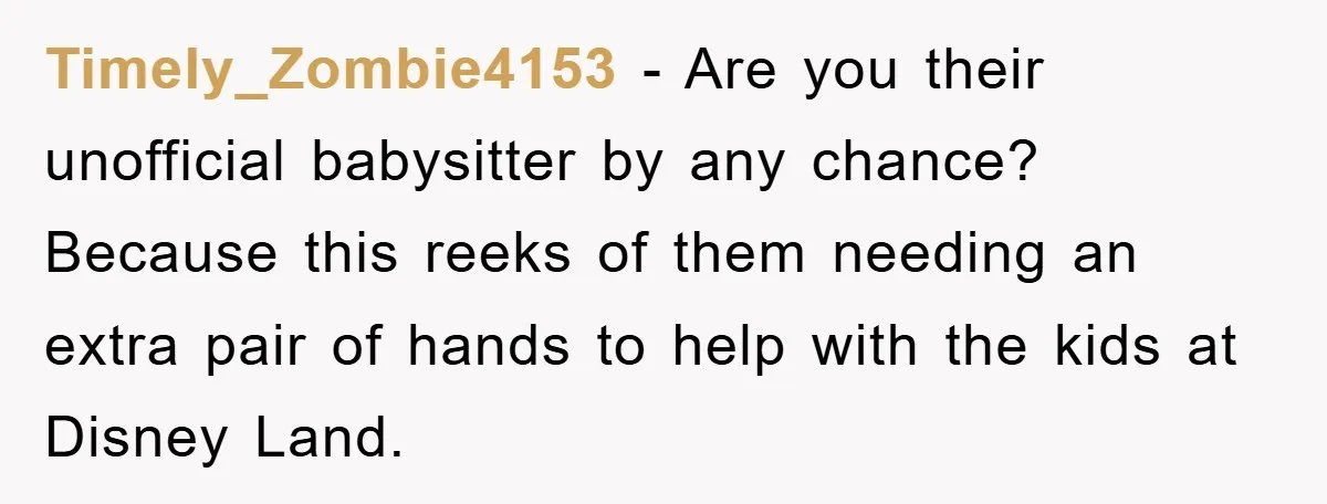 Timely_Zombie4153 − Are you their unofficial babysitter by any chance? Because this reeks of them needing an extra pair of hands to help with the kids at Disney Land.