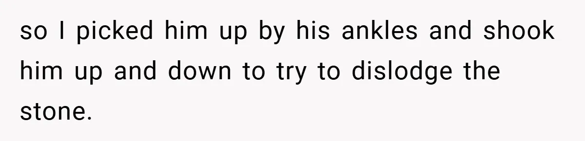so I picked him up by his ankles and shook him up and down to try to dislodge the stone.