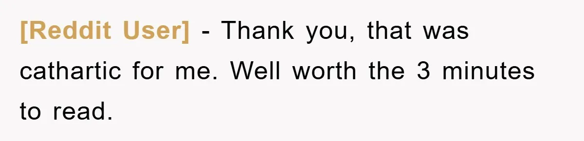 [Reddit User] − Thank you, that was cathartic for me. Well worth the 3 minutes to read.