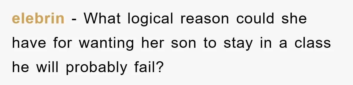 elebrin − What logical reason could she have for wanting her son to stay in a class he will probably fail?