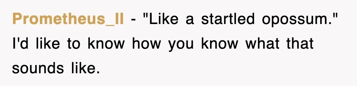 Prometheus_II − "Like a startled opossum." I'd like to know how you know what that sounds like.