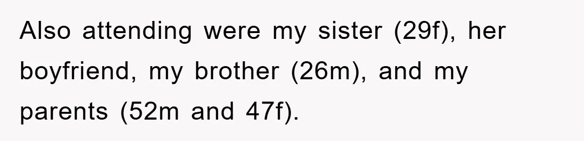 Also attending were my sister (29f), her boyfriend, my brother (26m), and my parents (52m and 47f).