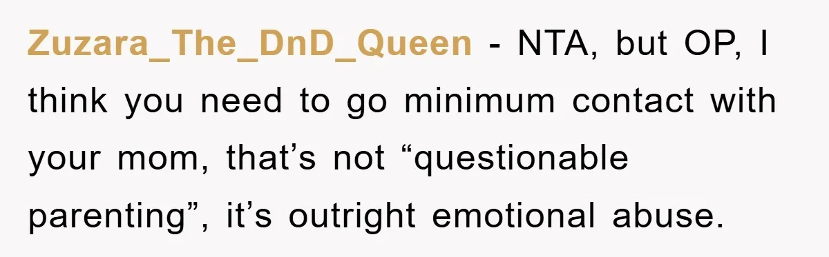 Zuzara_The_DnD_Queen − NTA, but OP, I think you need to go minimum contact with your mom, that’s not “questionable parenting”, it’s outright emotional abuse.