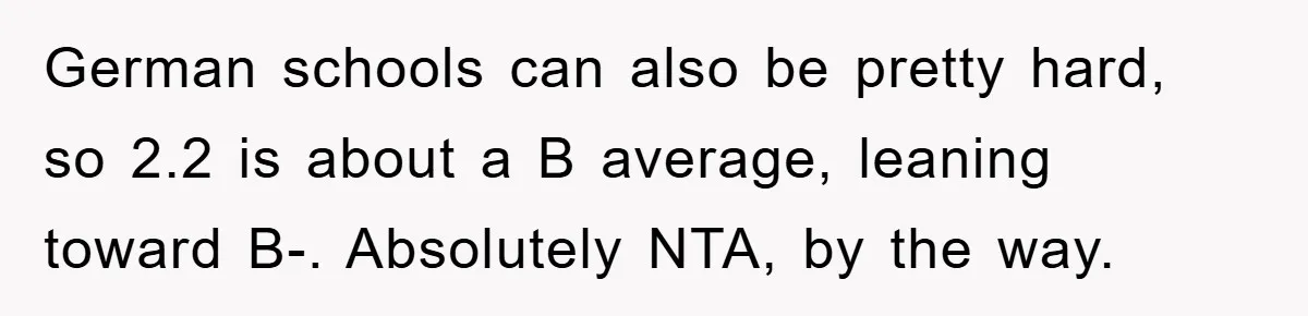 German schools can also be pretty hard, so 2.2 is about a B average, leaning toward B-. Absolutely NTA, by the way.