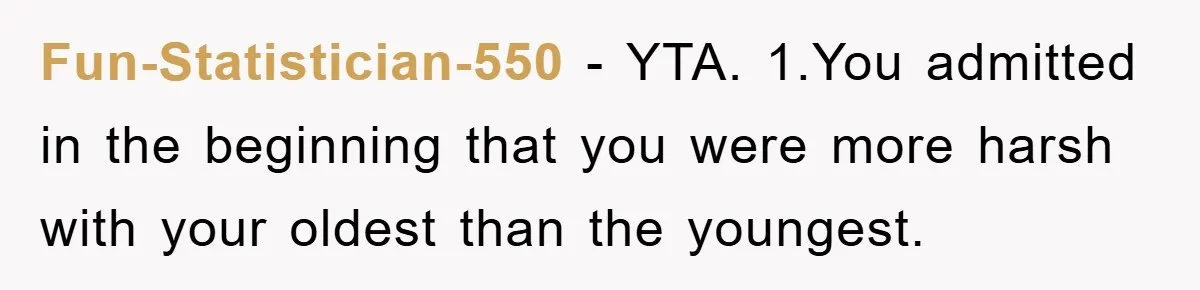 Fun-Statistician-550 − YTA. 1.You admitted in the beginning that you were more harsh with your oldest than the youngest.