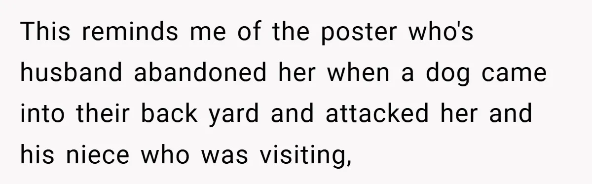 This reminds me of the poster who's husband abandoned her when a dog came into their back yard and attacked her and his niece who was visiting,