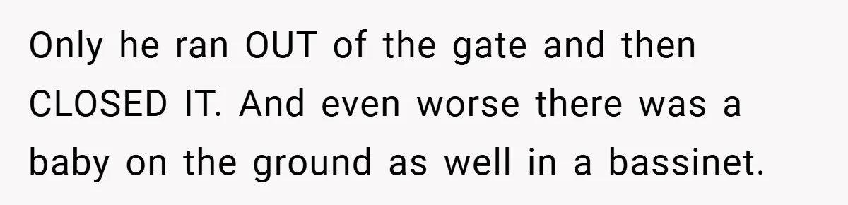 Only he ran OUT of the gate and then CLOSED IT. And even worse there was a baby on the ground as well in a bassinet.