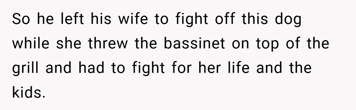 So he left his wife to fight off this dog while she threw the bassinet on top of the grill and had to fight for her life and the kids.
