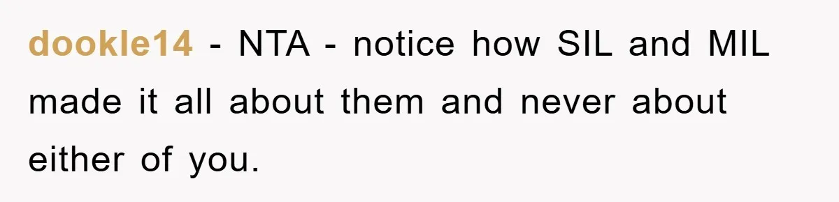 dookle14 − NTA - notice how SIL and MIL made it all about them and never about either of you.