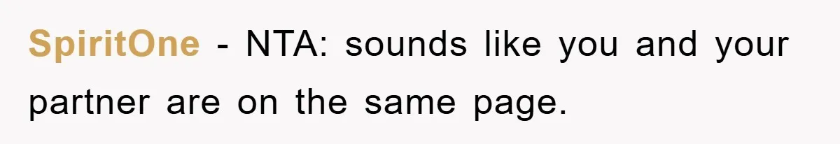 SpiritOne − NTA: sounds like you and your partner are on the same page.