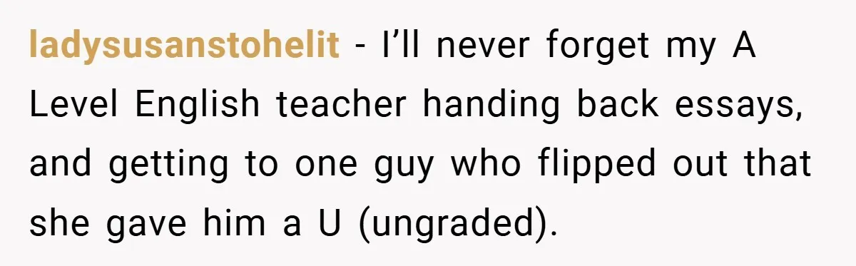 ladysusanstohelit − I’ll never forget my A Level English teacher handing back essays, and getting to one guy who flipped out that she gave him a U (ungraded).