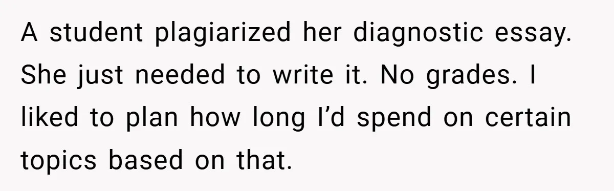 A student plagiarized her diagnostic essay. She just needed to write it. No grades. I liked to plan how long I’d spend on certain topics based on that.