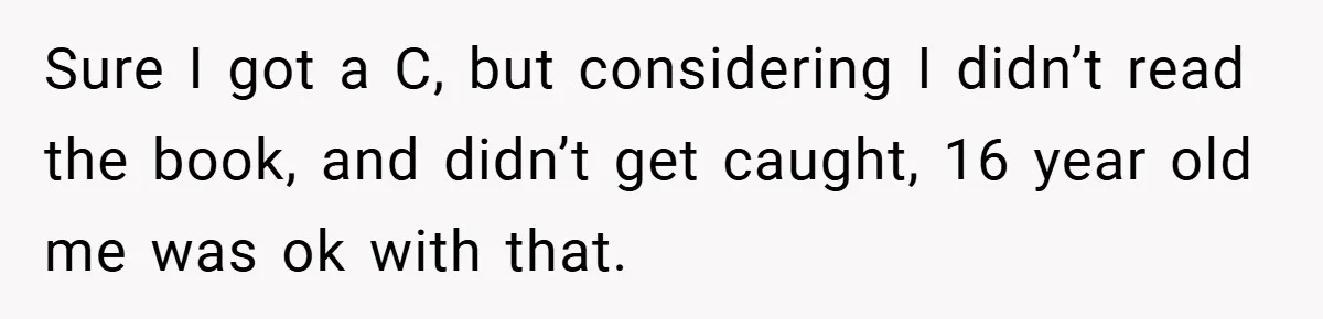 Sure I got a C, but considering I didn’t read the book, and didn’t get caught, 16 year old me was ok with that.