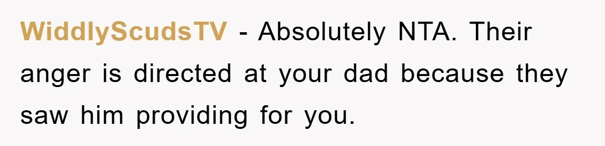 WiddlyScudsTV − Absolutely NTA. Their anger is directed at your dad because they saw him providing for you.