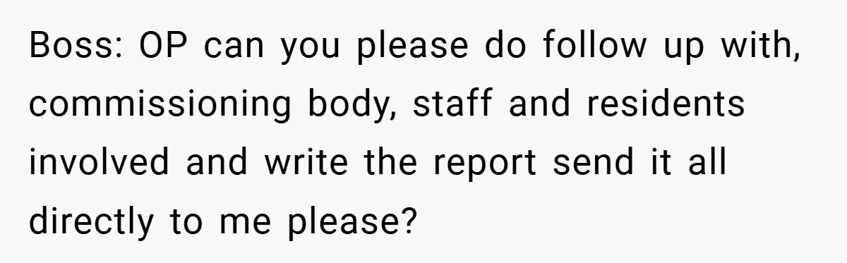 Boss: OP can you please do follow up with, commissioning body, staff and residents involved and write the report send it all directly to me please?
